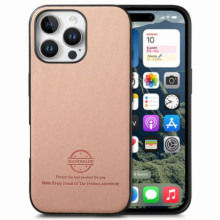 For iPhone 16 Pro Max Case Cloth Texture Leather+PC+TPU Anti-Drop Phone Cover - Pink