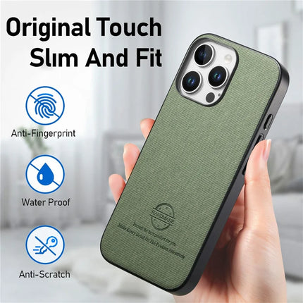 For iPhone 16 Pro Max Case Cloth Texture Leather+PC+TPU Anti-Drop Phone Cover