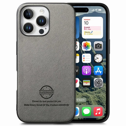 For iPhone 16 Pro Max Case Cloth Texture Leather+PC+TPU Anti-Drop Phone Cover - Grey
