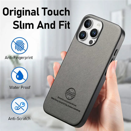 For iPhone 16 Pro Max Case Cloth Texture Leather+PC+TPU Anti-Drop Phone Cover