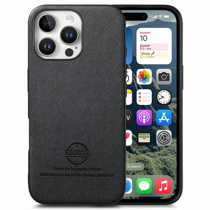 For iPhone 16 Pro Max Case Cloth Texture Leather+PC+TPU Anti-Drop Phone Cover - Black