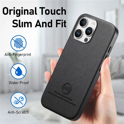 For iPhone 16 Pro Max Case Cloth Texture Leather+PC+TPU Anti-Drop Phone Cover