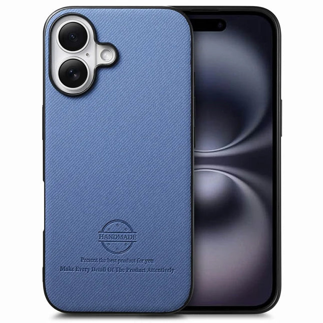 For iPhone 16 Plus Case Cloth Texture Leather+PC+TPU Anti-Drop Phone Cover - Blue