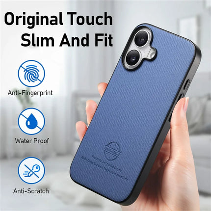For iPhone 16 Plus Case Cloth Texture Leather+PC+TPU Anti-Drop Phone Cover