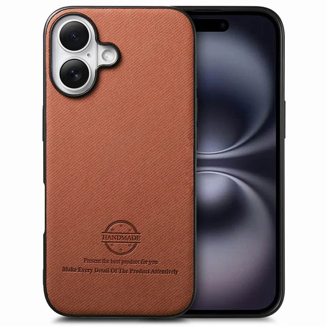 For iPhone 16 Plus Case Cloth Texture Leather+PC+TPU Anti-Drop Phone Cover - Brown