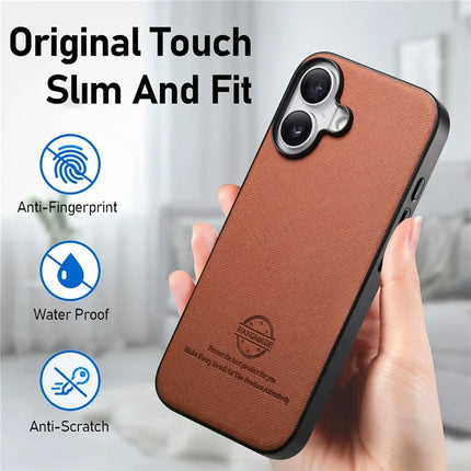 For iPhone 16 Plus Case Cloth Texture Leather+PC+TPU Anti-Drop Phone Cover