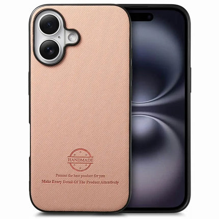 For iPhone 16 Plus Case Cloth Texture Leather+PC+TPU Anti-Drop Phone Cover - Pink