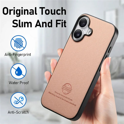For iPhone 16 Plus Case Cloth Texture Leather+PC+TPU Anti-Drop Phone Cover