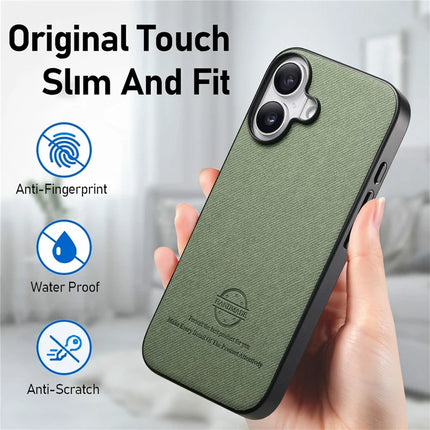For iPhone 16 Plus Case Cloth Texture Leather+PC+TPU Anti-Drop Phone Cover