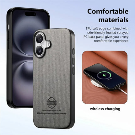 For iPhone 16 Plus Case Cloth Texture Leather+PC+TPU Anti-Drop Phone Cover