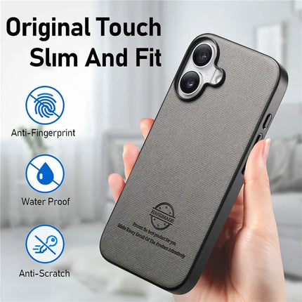 For iPhone 16 Plus Case Cloth Texture Leather+PC+TPU Anti-Drop Phone Cover