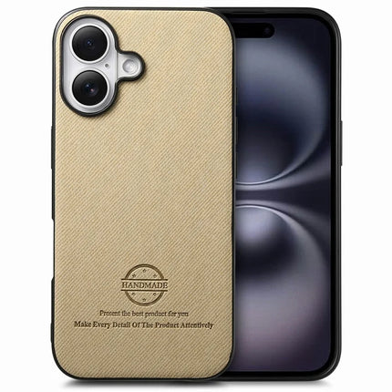 For iPhone 16 Plus Case Cloth Texture Leather+PC+TPU Anti-Drop Phone Cover - Khaki