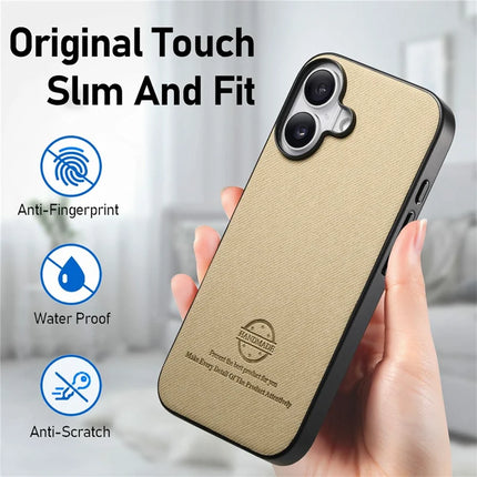 For iPhone 16 Plus Case Cloth Texture Leather+PC+TPU Anti-Drop Phone Cover