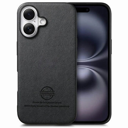 For iPhone 16 Plus Case Cloth Texture Leather+PC+TPU Anti-Drop Phone Cover - Black