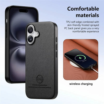 For iPhone 16 Plus Case Cloth Texture Leather+PC+TPU Anti-Drop Phone Cover