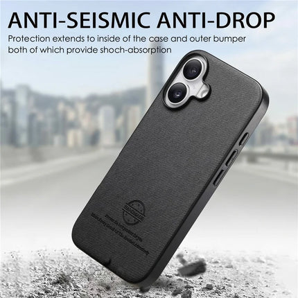 For iPhone 16 Plus Case Cloth Texture Leather+PC+TPU Anti-Drop Phone Cover