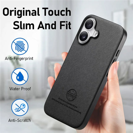 For iPhone 16 Plus Case Cloth Texture Leather+PC+TPU Anti-Drop Phone Cover