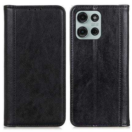 For Motorola Moto G75 5G Stand Case Split Leather Litchi Texture Wallet Phone Cover - Black