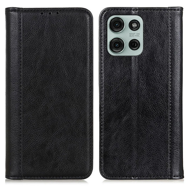 For Motorola Moto G75 5G Stand Case Split Leather Litchi Texture Wallet Phone Cover - Black