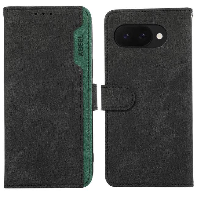 ABEEL For Google Pixel 9a Case Color Splicing Leather Flip Phone Cover RFID Blocking - Black