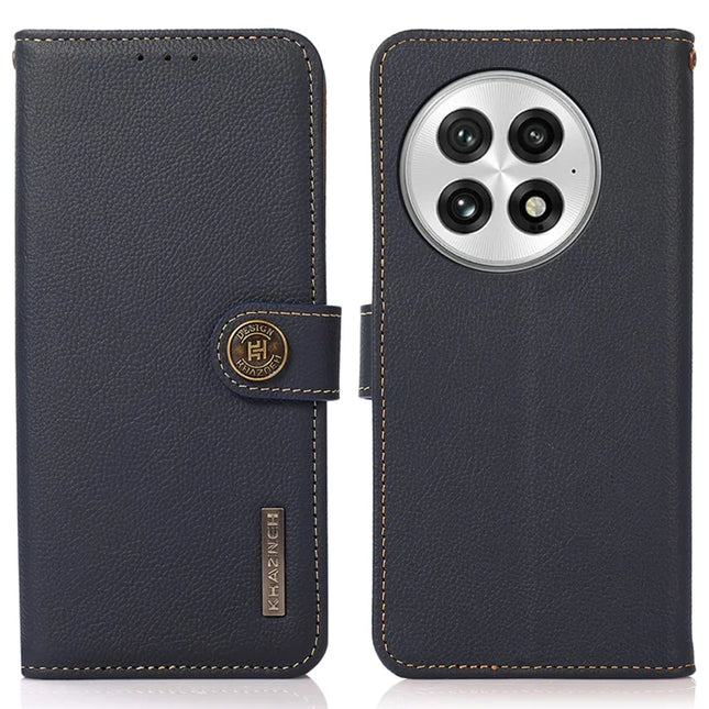 KHAZNEH For OnePlus 13 Case Genuine Cow Leather Wallet Phone Cover - Blue