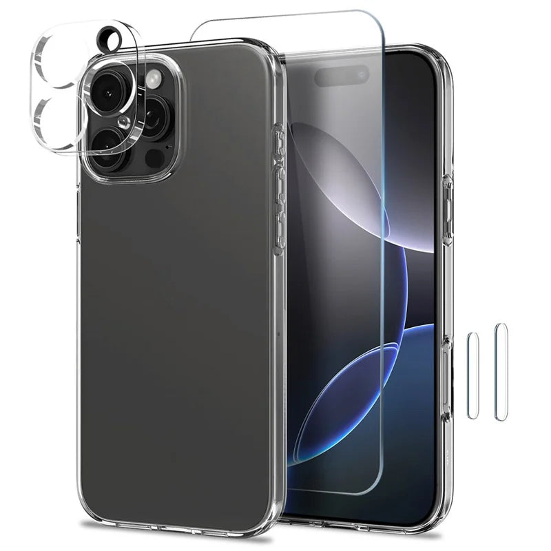 ShopCaseCart Cover Case iPhone 16 Pro TPU Clear Phone Protective cover with Tempered Glass Screen Protector and Lens Film