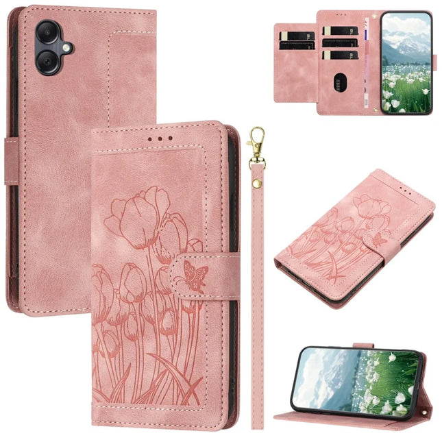 For Samsung Galaxy A05 4G Case Tulip Leather Phone Cover with 5 Card Slots Wallet - Pink