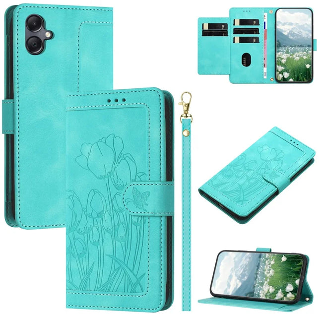 For Samsung Galaxy A05 4G Case Tulip Leather Phone Cover with 5 Card Slots Wallet - Green