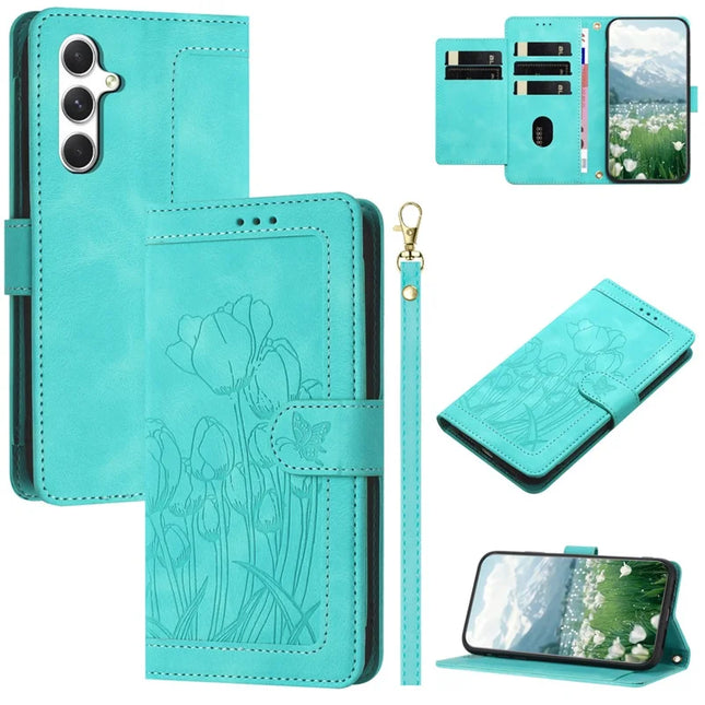 For Samsung Galaxy A05s 4G Case Tulip Leather Phone Cover with 5 Card Slots Wallet - Green