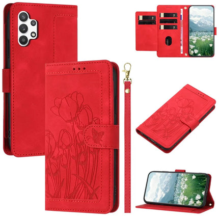 For Samsung Galaxy A13 4G / 5G Case Tulip Leather Phone Cover with 5 Card Slots Wallet - Red