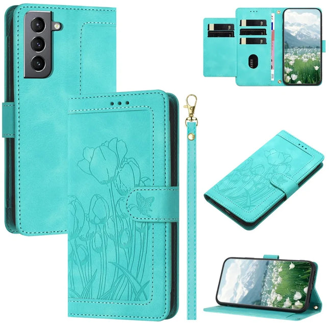 For Samsung Galaxy S22 5G Case Tulip Leather Phone Cover with 5 Card Slots Wallet - Green