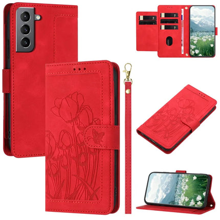 For Samsung Galaxy S22 5G Case Tulip Leather Phone Cover with 5 Card Slots Wallet - Red