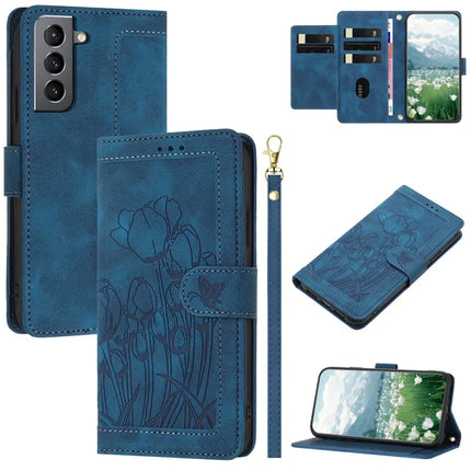 For Samsung Galaxy S22 5G Case Tulip Leather Phone Cover with 5 Card Slots Wallet - Blue
