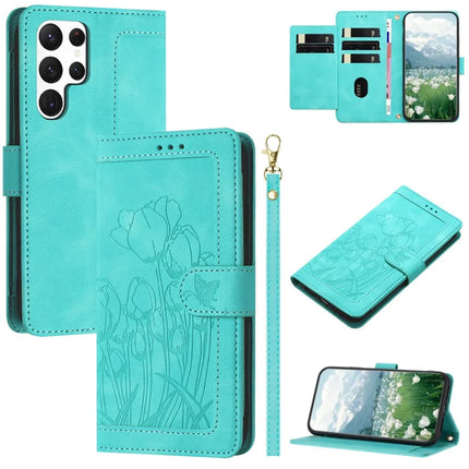 For Samsung Galaxy S22 Ultra 5G Case Tulip Leather Phone Cover with 5 Card Slots Wallet - Green