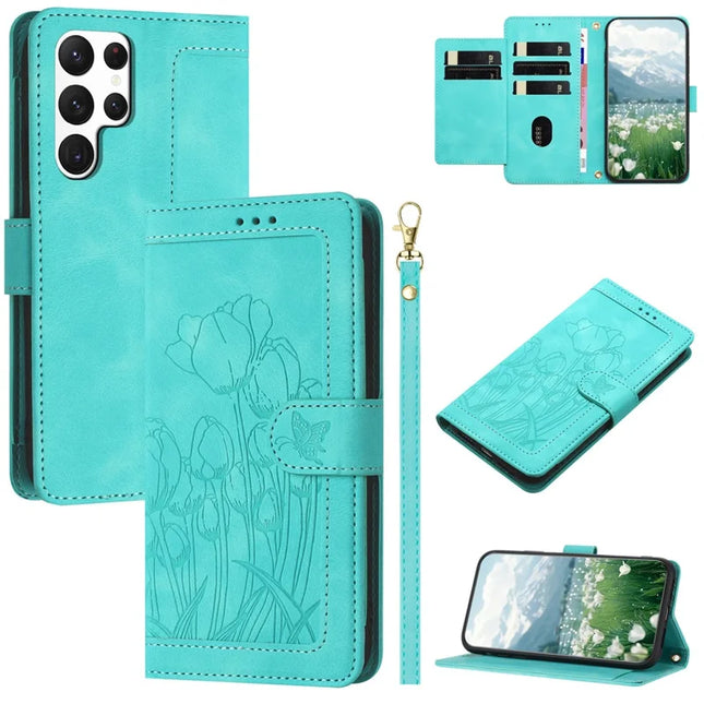 For Samsung Galaxy S22 Ultra 5G Case Tulip Leather Phone Cover with 5 Card Slots Wallet - Green
