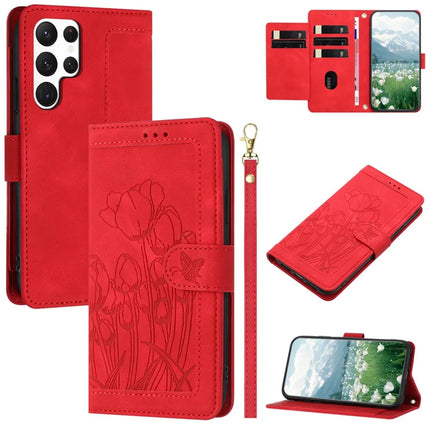 For Samsung Galaxy S22 Ultra 5G Case Tulip Leather Phone Cover with 5 Card Slots Wallet - Red