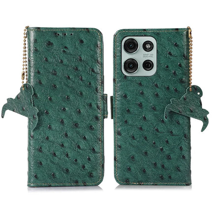 For Motorola Moto G75 5G Case RFID Blocking Genuine Cow Leather Phone Case Ostrich Texture - Green