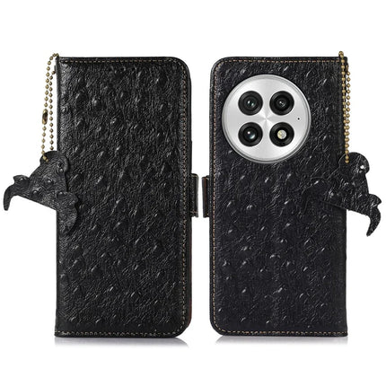 For OnePlus 13 Case RFID Blocking Genuine Cow Leather Phone Case Ostrich Texture - Black