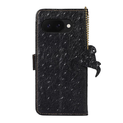 For Google Pixel 9a Case RFID Blocking Genuine Cow Leather Phone Case Ostrich Texture