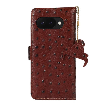 For Google Pixel 9a Case RFID Blocking Genuine Cow Leather Phone Case Ostrich Texture