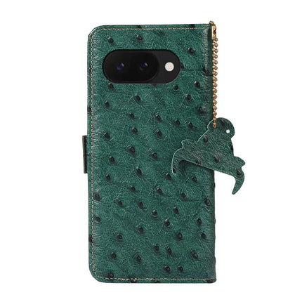 For Google Pixel 9a Case RFID Blocking Genuine Cow Leather Phone Case Ostrich Texture