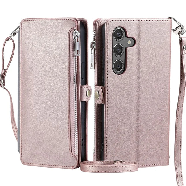 015 Style For Samsung Galaxy A36 5G Case TPU+PU Leather Wallet Phone Cover with Straps - Rose Gold