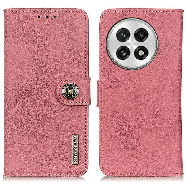 KHAZNEH For OnePlus 13 Wallet Case Cowhide Texture Leather Flip Phone Cover - Pink