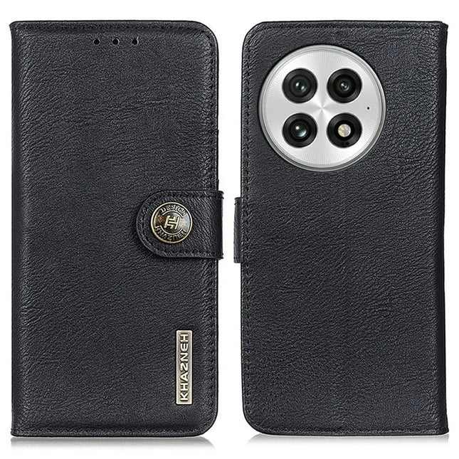 KHAZNEH For OnePlus 13 Wallet Case Cowhide Texture Leather Flip Phone Cover - Black