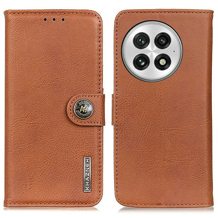 KHAZNEH For OnePlus 13 Wallet Case Cowhide Texture Leather Flip Phone Cover - Brown