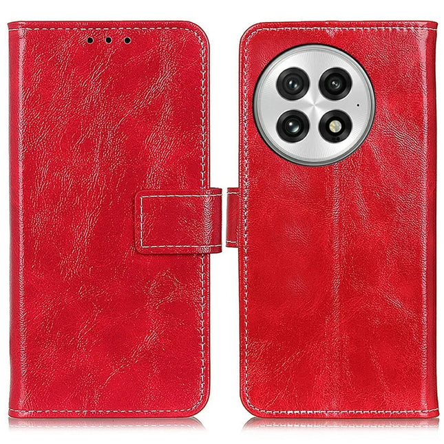 For OnePlus 13 Leather Case Wallet Phone Cover Crazy Horse Texture - Red