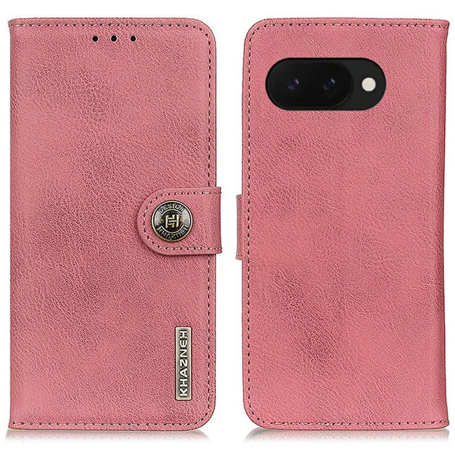 KHAZNEH For Google Pixel 9a Wallet Case Cowhide Texture Leather Flip Phone Cover - Pink