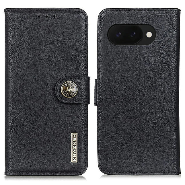 KHAZNEH For Google Pixel 9a Wallet Case Cowhide Texture Leather Flip Phone Cover - Black