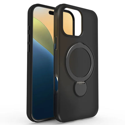 For iPhone 16 Pro Max Magnetic Case TPU+PC Phone Cover with Kickstand - Black