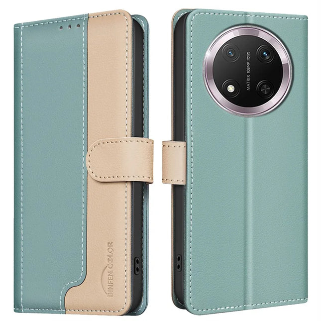 BINFEN COLOR BF33 for Honor Magic7 Lite 5G / X9c 5G / X60 Pro 5G Leather Case Splicing Color RFID Blocking - Green